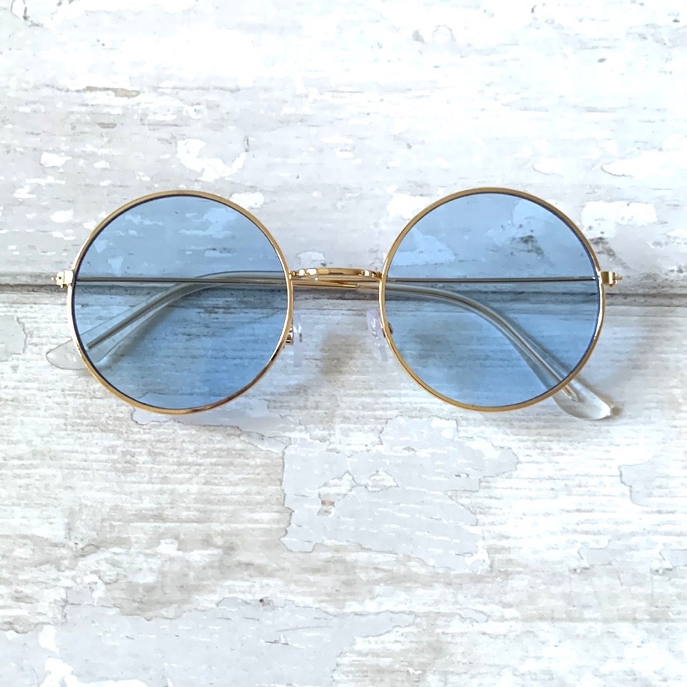 Blue Tinted Sunglasses Retro Round Gold Frames Glasses NEW